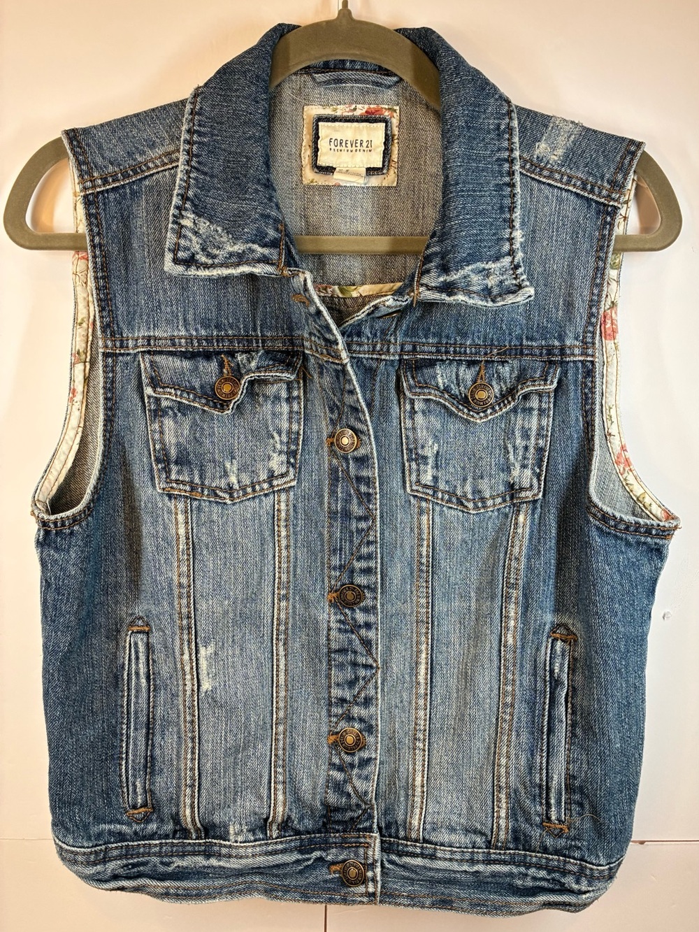 Forever 21 Premium Denim Distressed Jean Vest Floral Trim Women's Medium